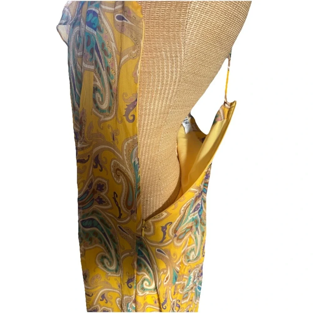 Y2K Tibi 100% Silk Maxi Dress Yellow Paisley Summer Flowy Ruffle Strappy Size 4